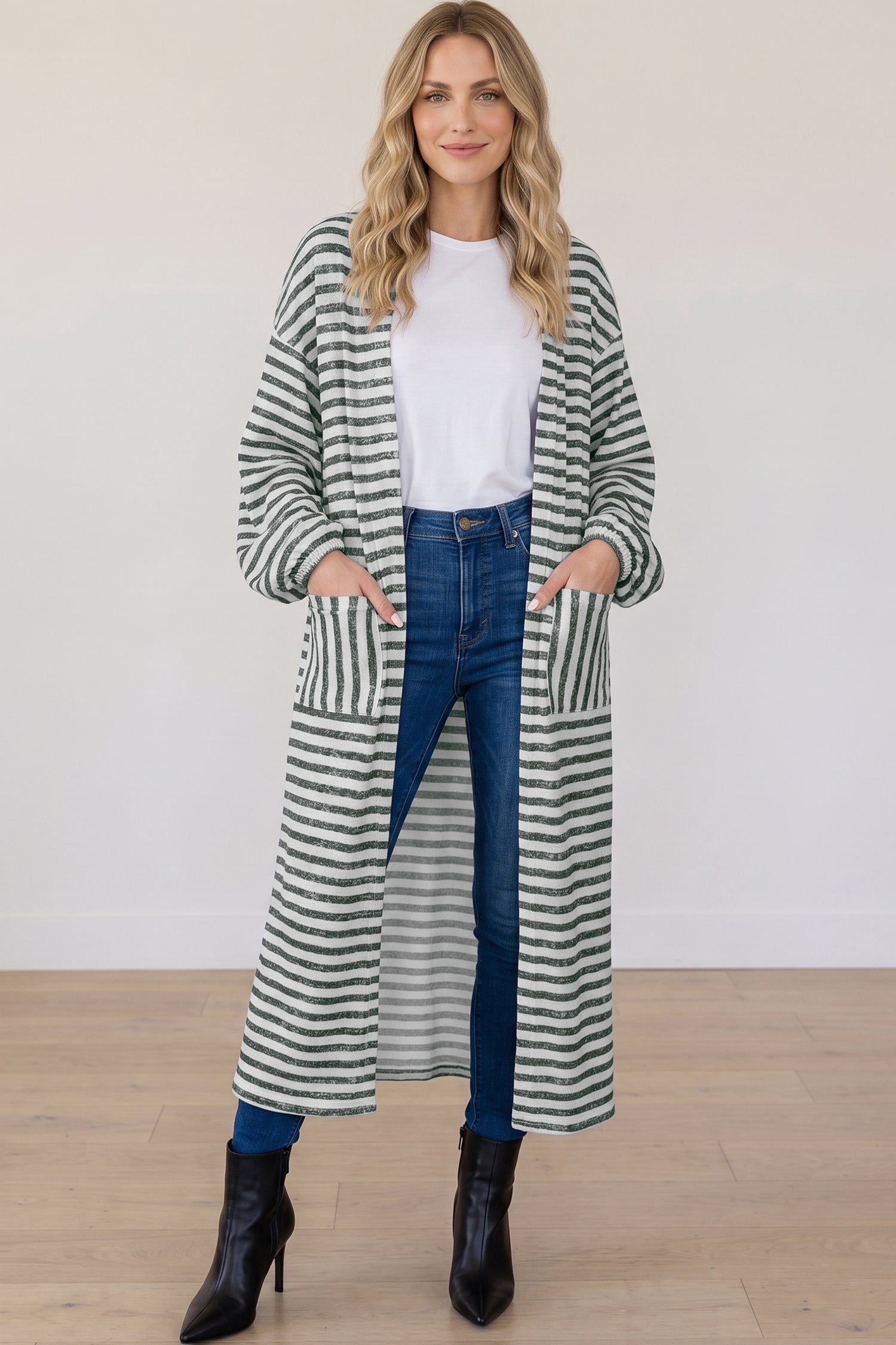 Khaki Stripe Long Puff Sleeve Open Front Oversized Long Cardigan