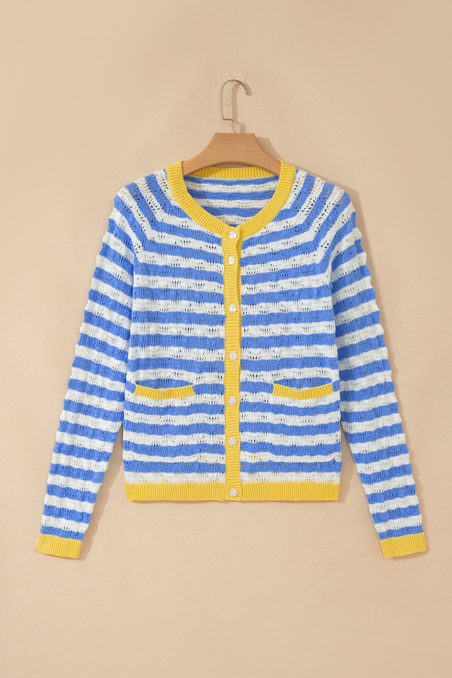 Sky Blue Stripe Striped Colorblock Button Front Long Sleeve Loose Fit Knit Cardigan