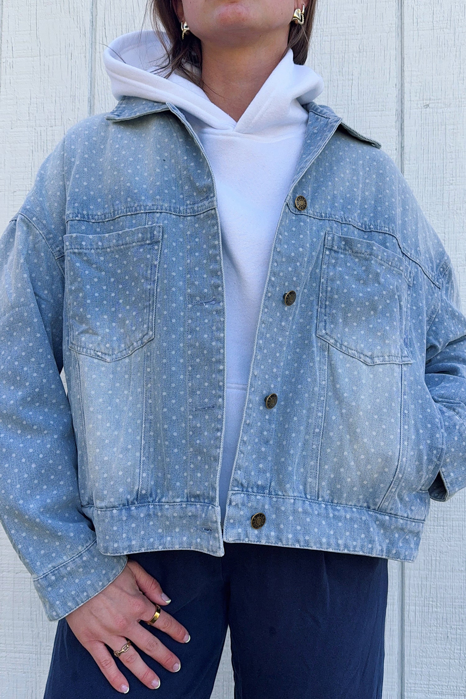 Sky Blue Polka Dot Long Sleeve Collar Pocket Casual Shift Silhouette Denim Jacket