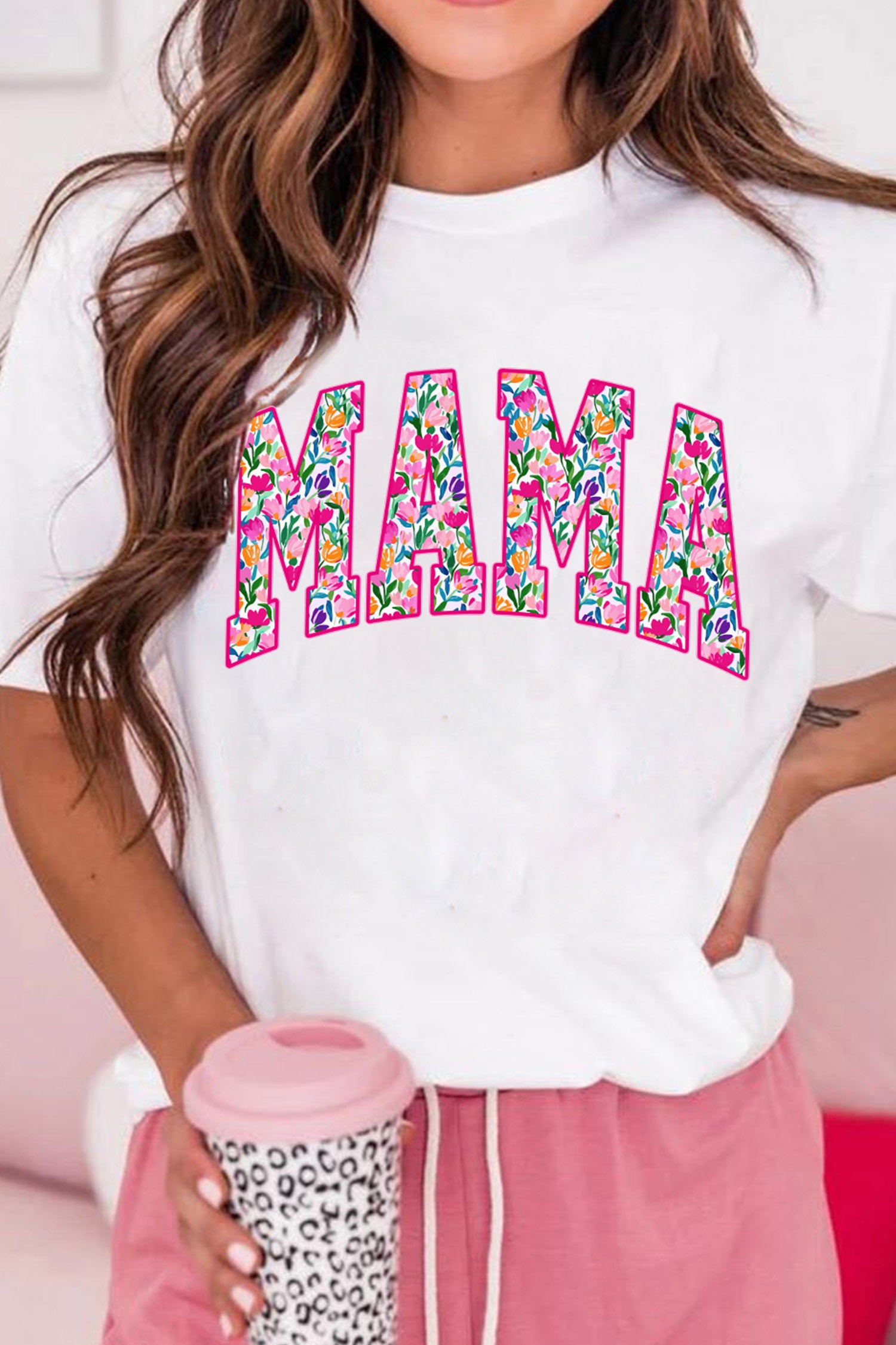 White Floral MAMA Lettering Printed Tee
