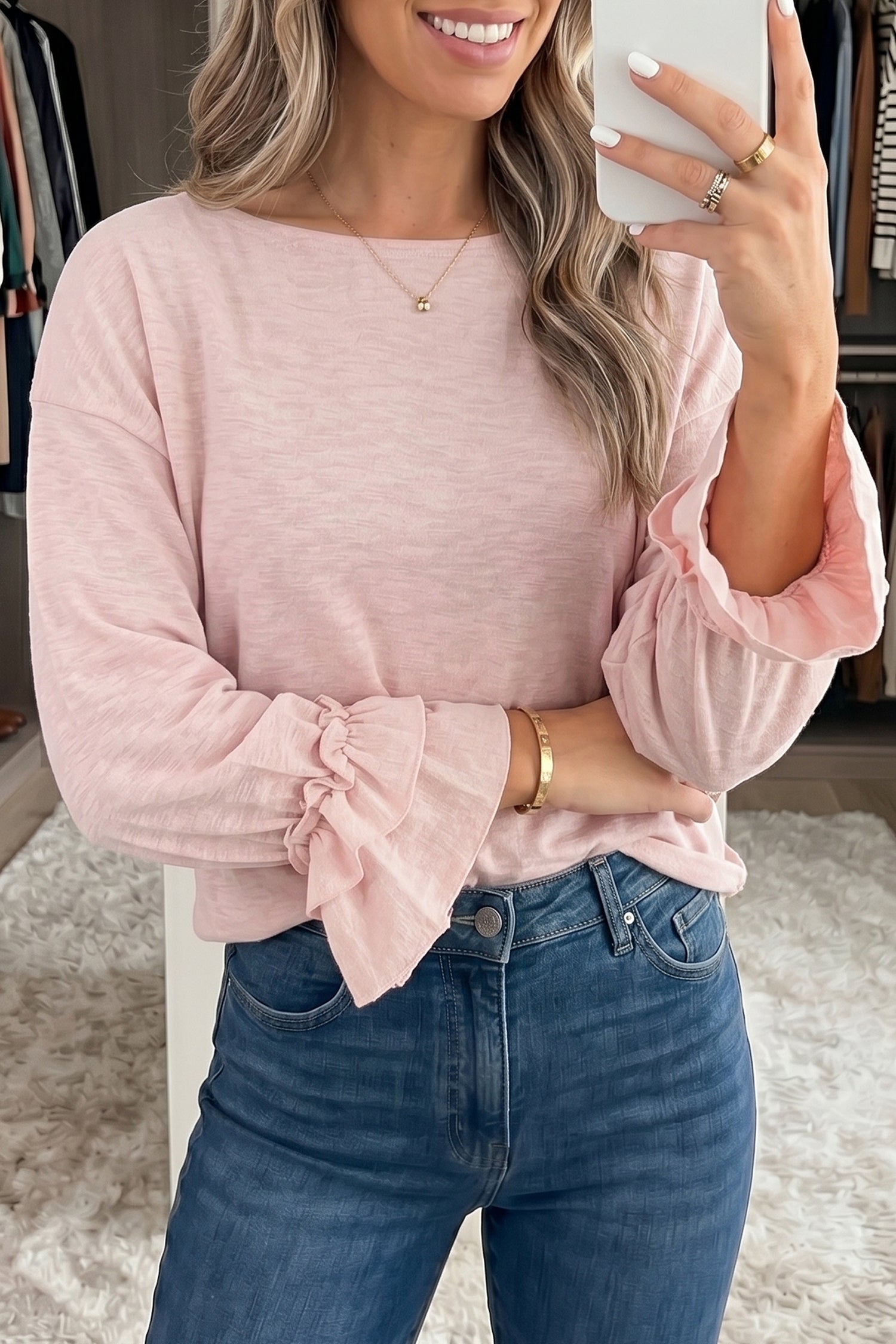 Gossamer Pink Long-Sleeve Pullover with Ruffled Sleeves