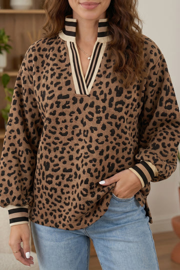 Brown Leopard Print Striped Trim Collar Long Sleeve Shift Pullover