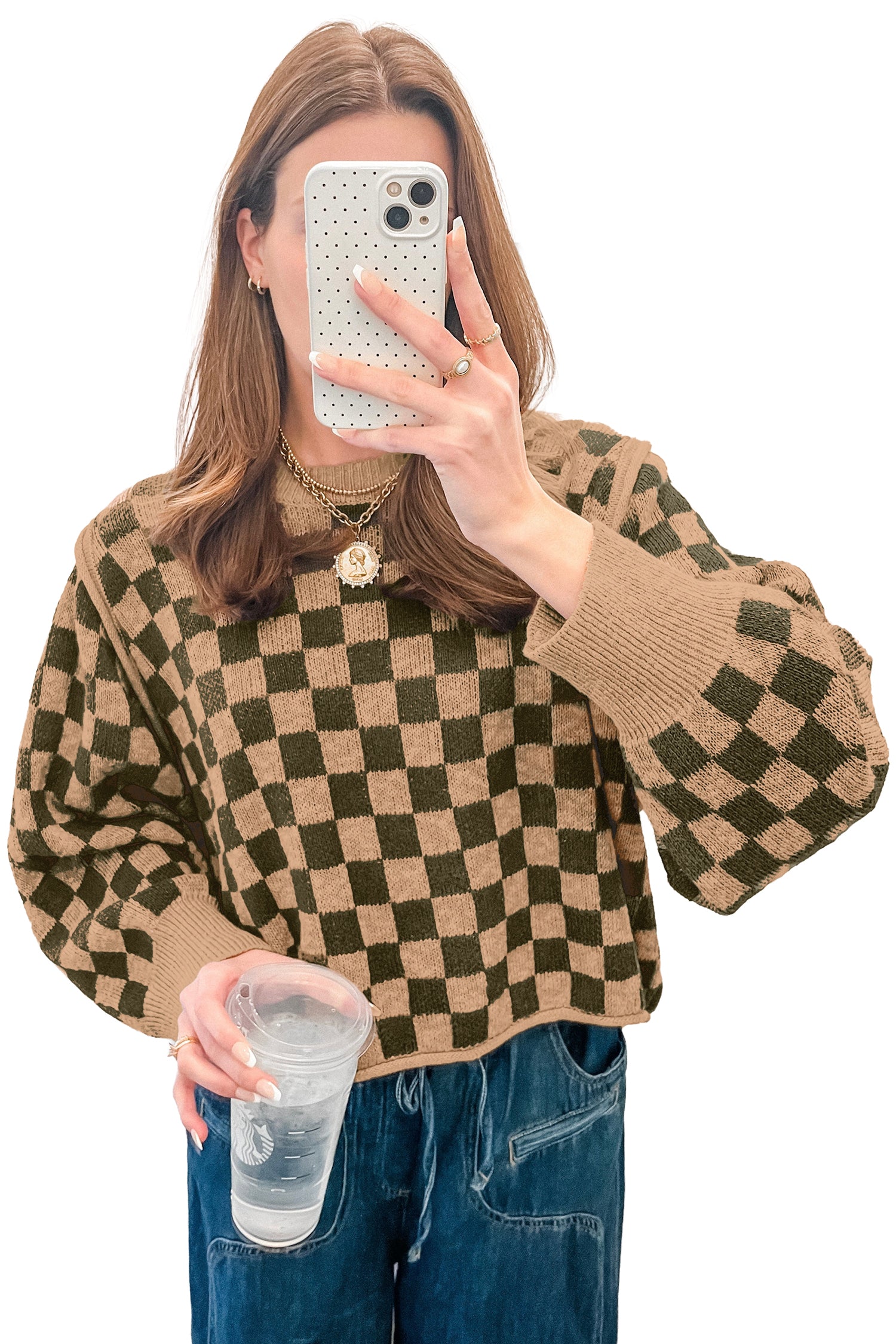 Multicolour Drop Shoulder Plaid Knit Long Sleeve Sweater