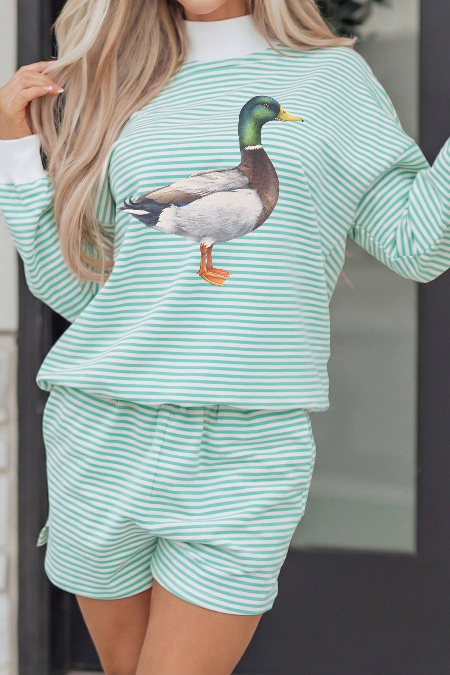 Green Stripe Western Print Mallard Duck Mock Neck Sweatshirt Set