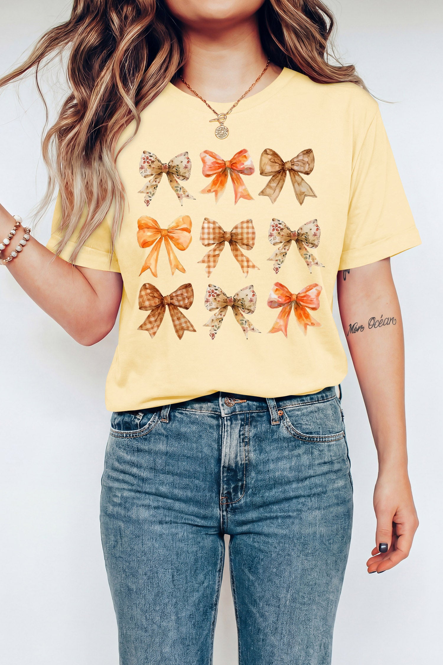 Yellow Cream Diverse Bow Pattern Casual Round Neck Tee
