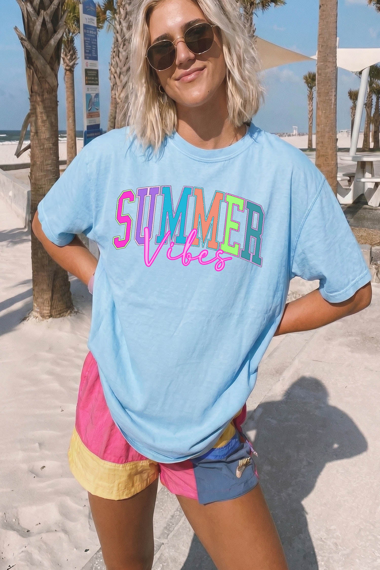 Light Blue SUMMER Vibes Letter Print Round Neck Casual T-Shirt