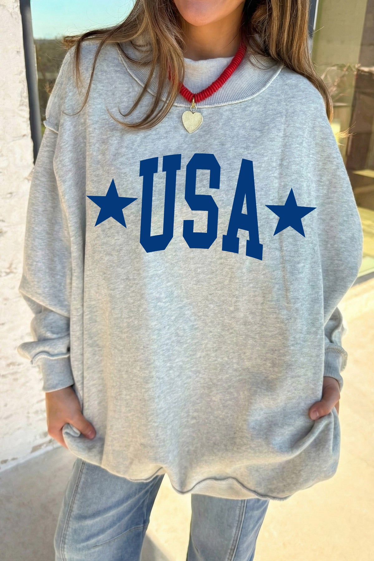 Light Grey Mock Neck USA Slogan Pullover Graphic Sweatshirt