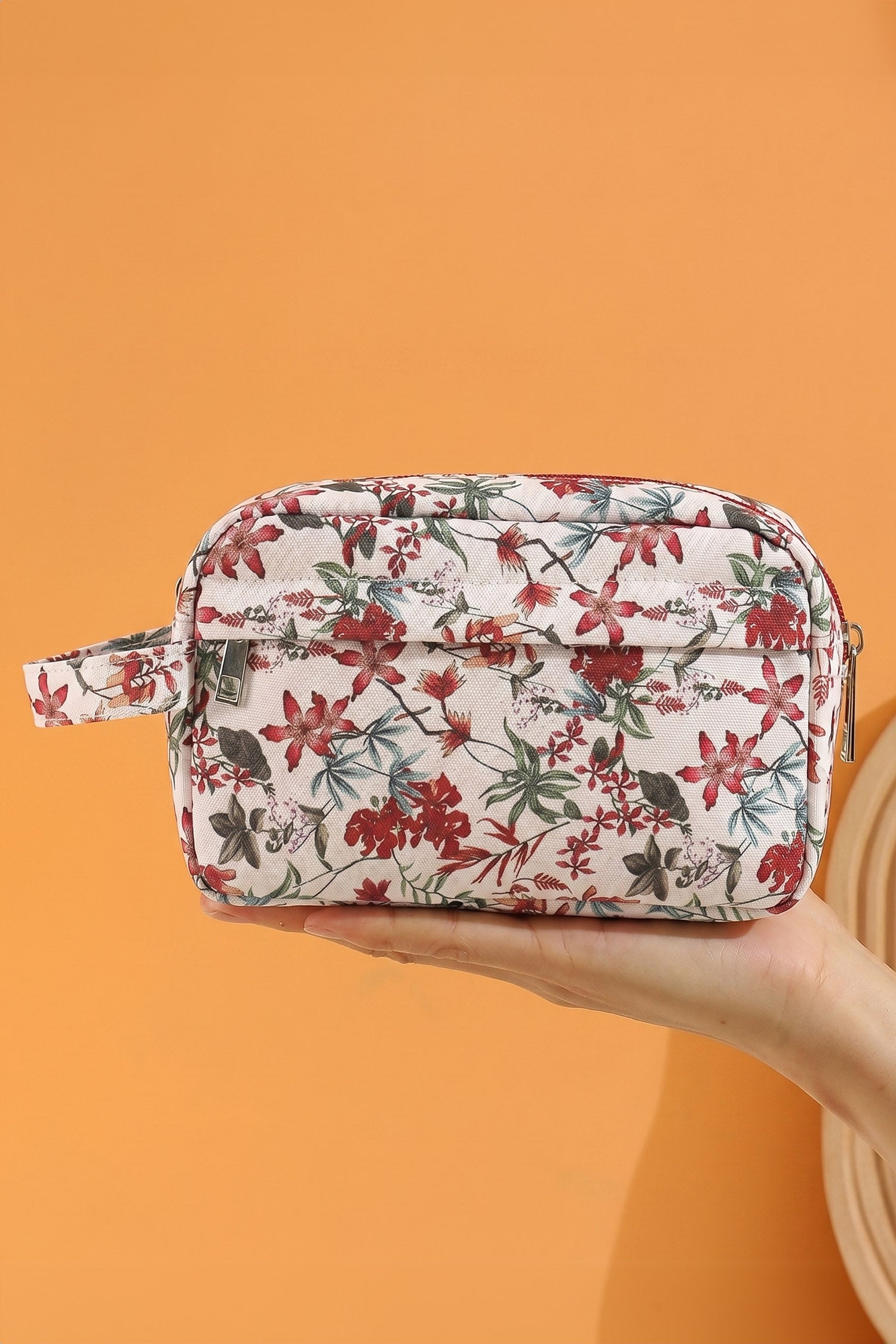 Fiery Red Floral Canvas Durable Zipper Cosmetic Bag for Travel Storage