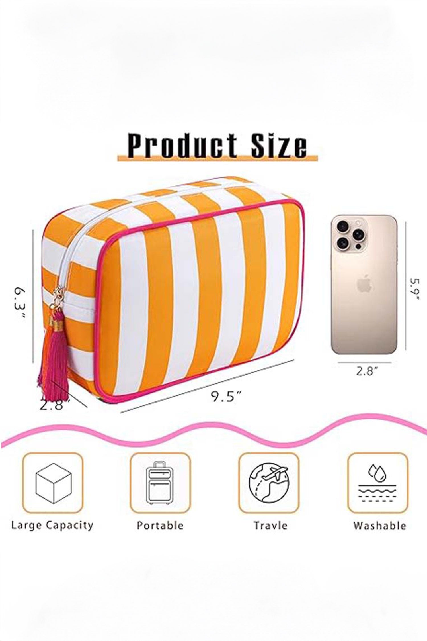 Russet Orange Striped Print Tassel Zipper PU Large Cosmetic Bag