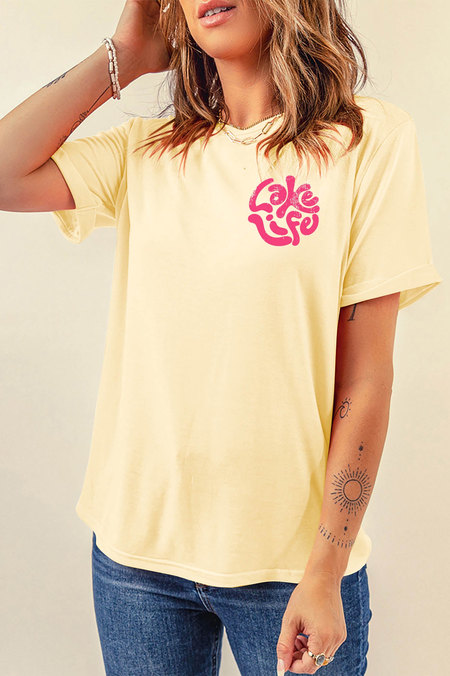 Yellow Cream Casual Round Neck Short Sleeve Slogan Print Loose Fit T-shirt