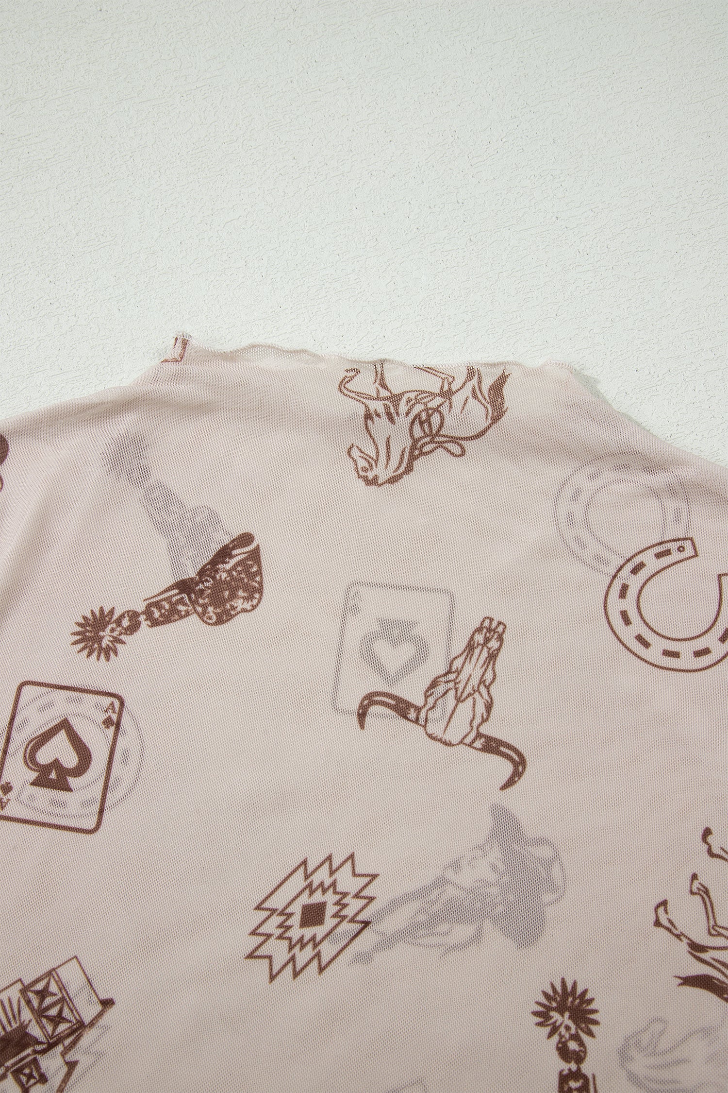Oatmeal Western Printed Mesh Short Sleeve Top