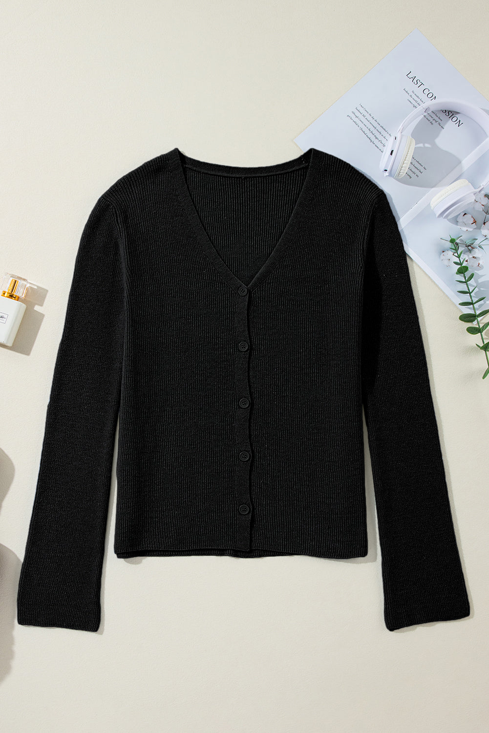 Black Lightweight Ribbed Knit Button Front V Neck Cardigan