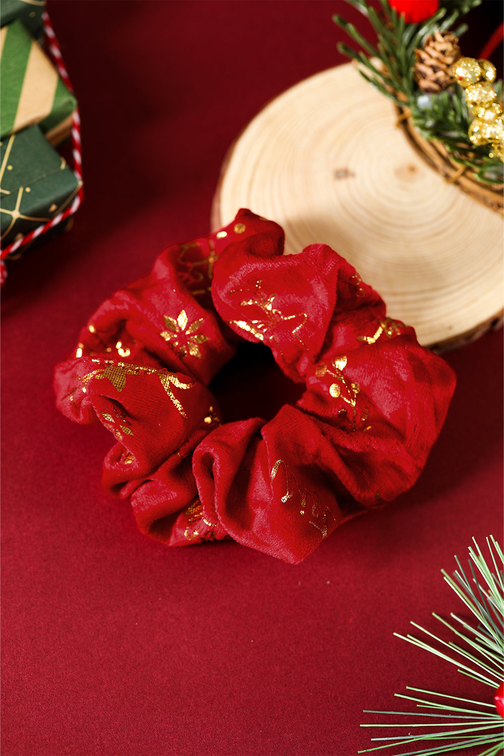 Fiery Red Shimmer Christmas Snowflake Reindeer Print Scrunchie Hair Tie