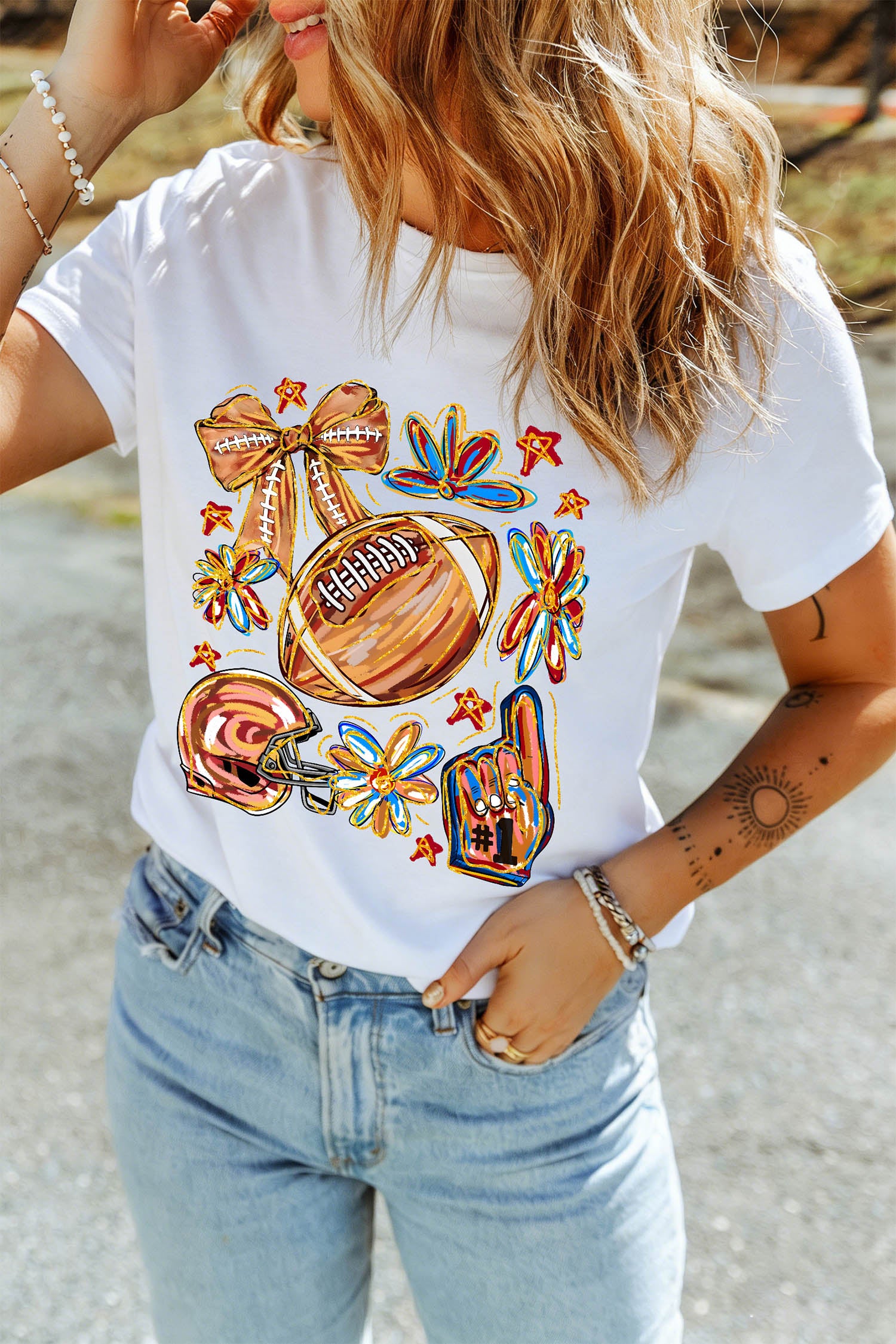 White Vibrant Football Graphic Game Day Cheerful T Shirt