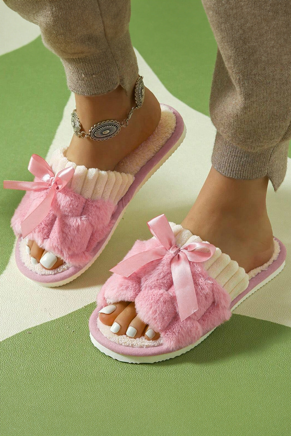 Peach Blossom Bow Knot Decor Open Toe Plush Slippers