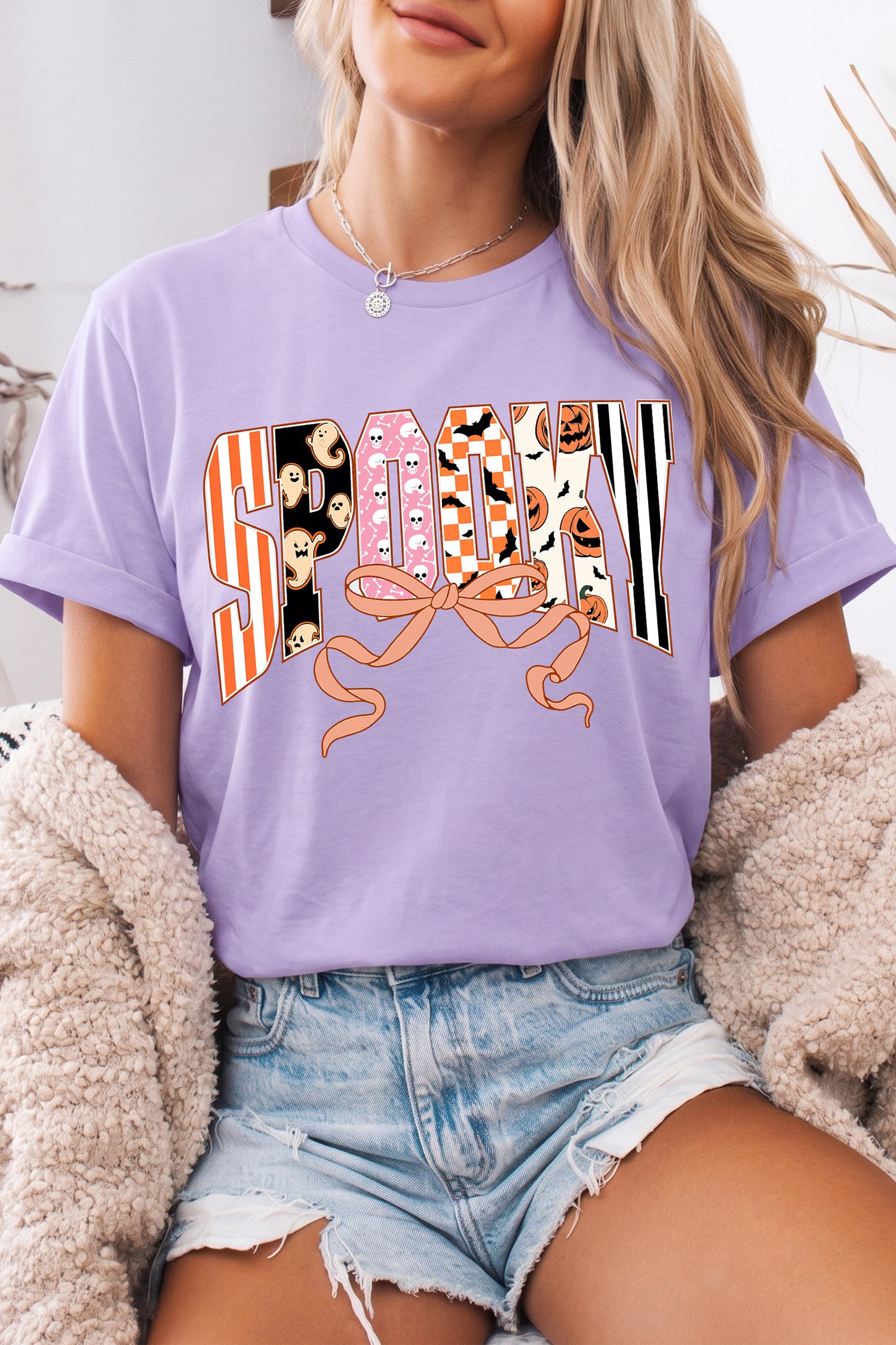 Orchid Petal Spooky Letter Print Round Neck Casual Halloween T Shirt