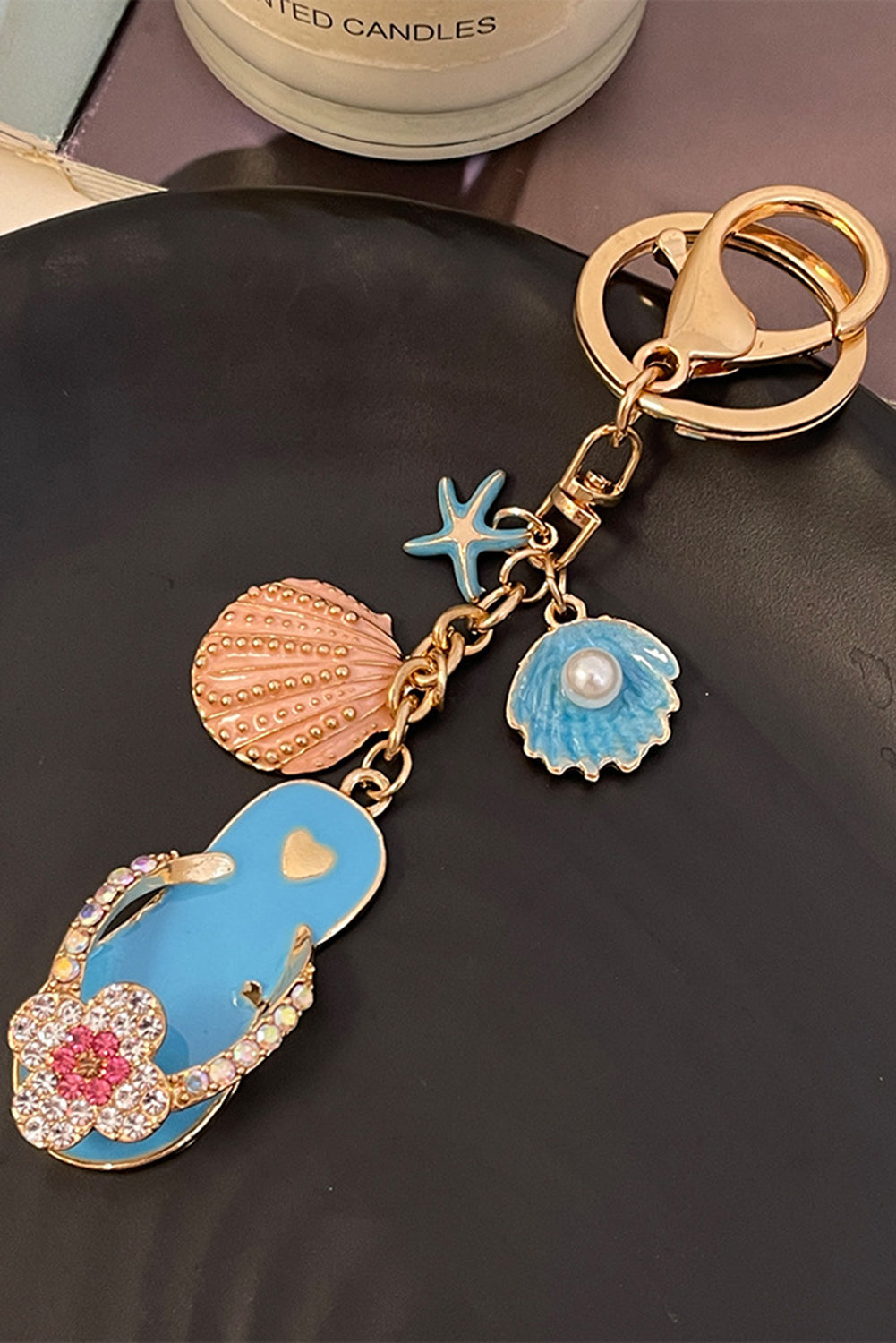 Light Blue Rhinestone Pearl Decor Slipper Shell Starfish Alloy Keychain