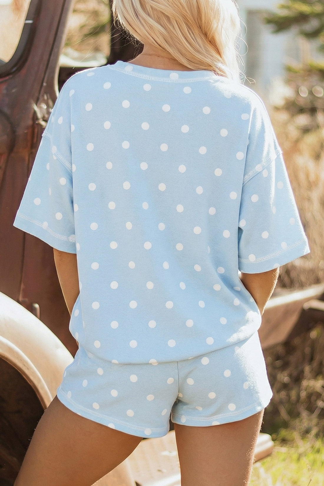 Sky Blue Polka Dot GAME DAY Letter Graphic Oversized Tee Drawstring Short Set