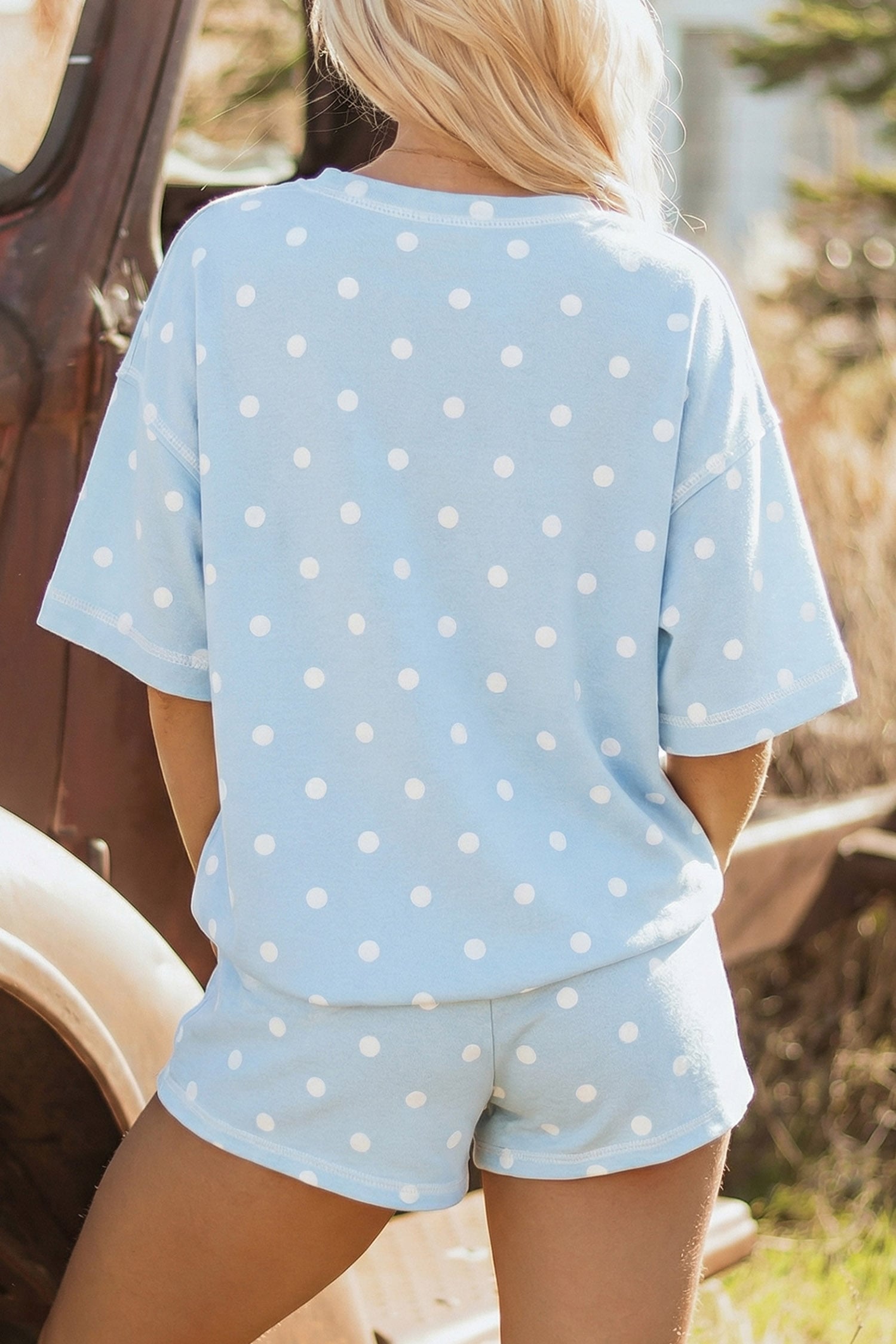 Sky Blue Polka Dot GAME DAY Letter Graphic Oversized Tee Drawstring Short Set
