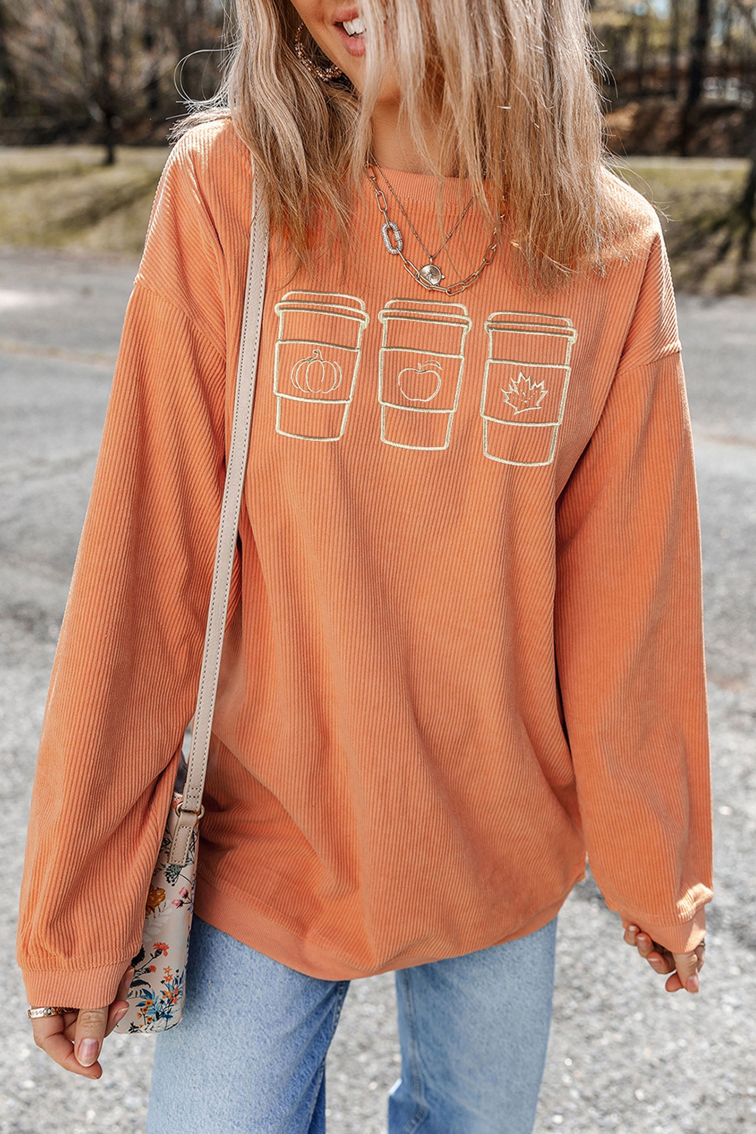 Orange Ribbed Texture Embroidered Fall Drinks Graphic Sweatshirt