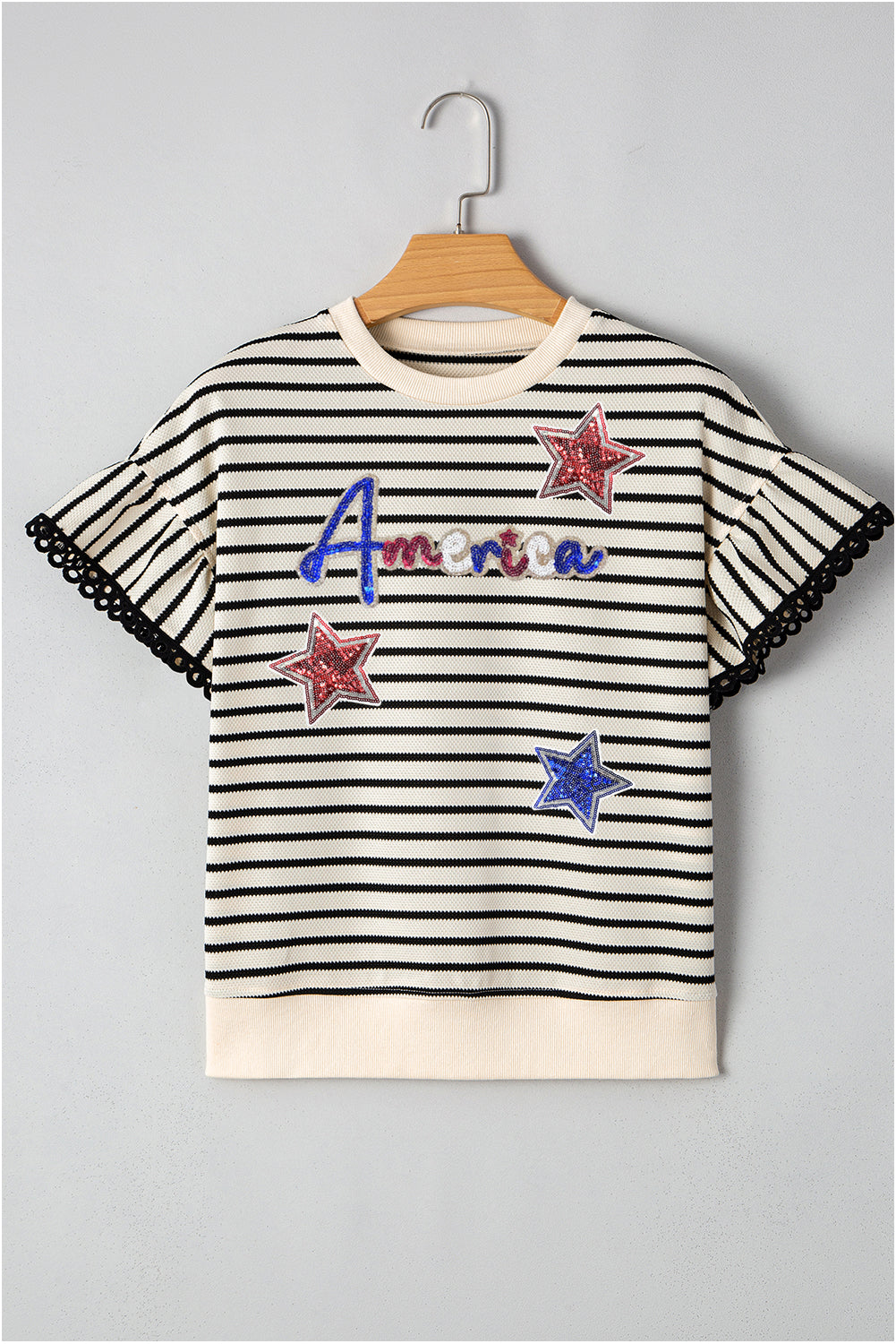 Black Stripe Sequin America Star Graphic Ric Rac Flutter Sleeve Blouse
