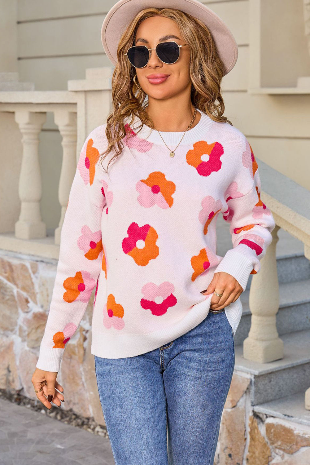 White Color Block Flower Cute Pattern Drop Shoulder Bulk Sweater