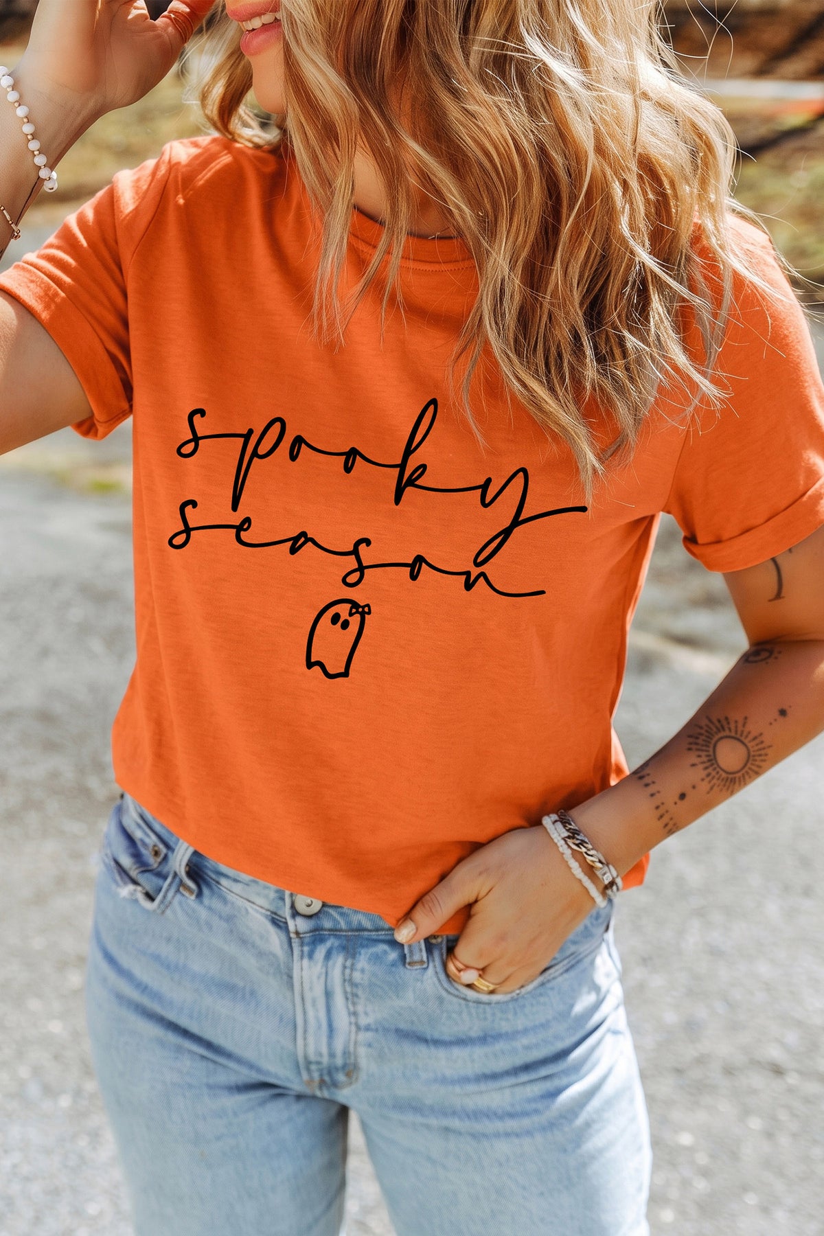 Orange Spooky Season Ghost Graphic Halloween Short Sleeve Tee