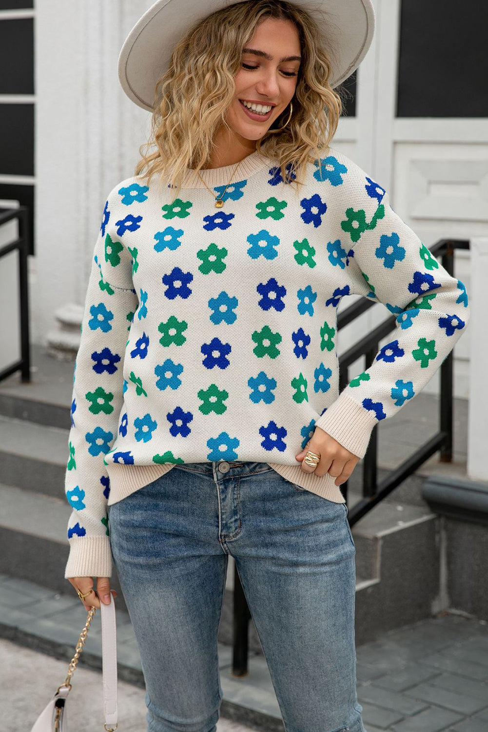 Apricot Cute Flower Allover Ribbed Trimmed Drop Shoulder Pullover Sweater