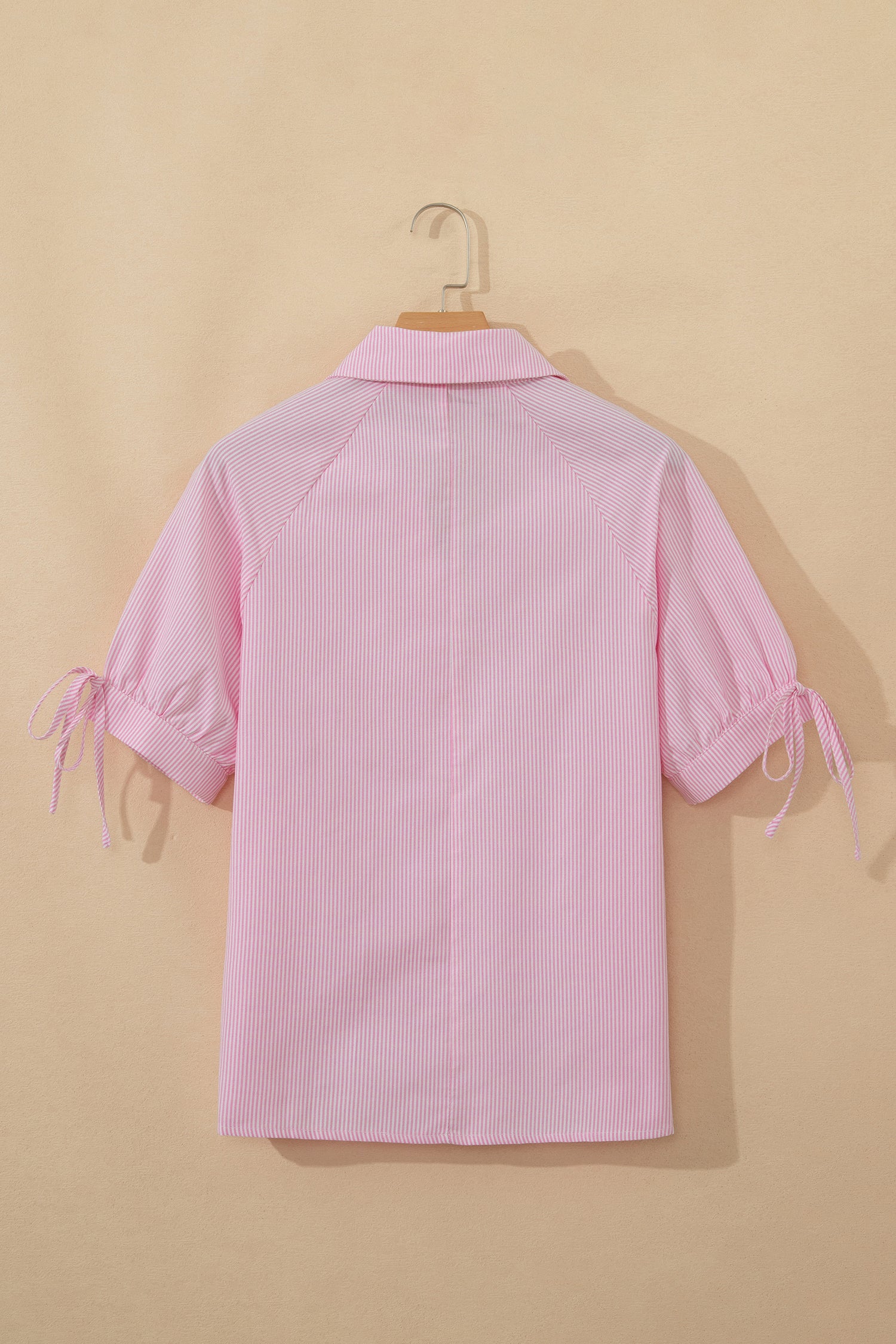 Pink Striped Print Collared Split Neck Half Sleeve Blouse