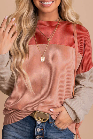 Fiery Red Color Block Long Sleeve Ribbed Loose Top