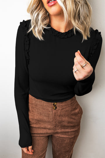 Black Solid Color Round Neck Frill Detail Long Sleeve Top