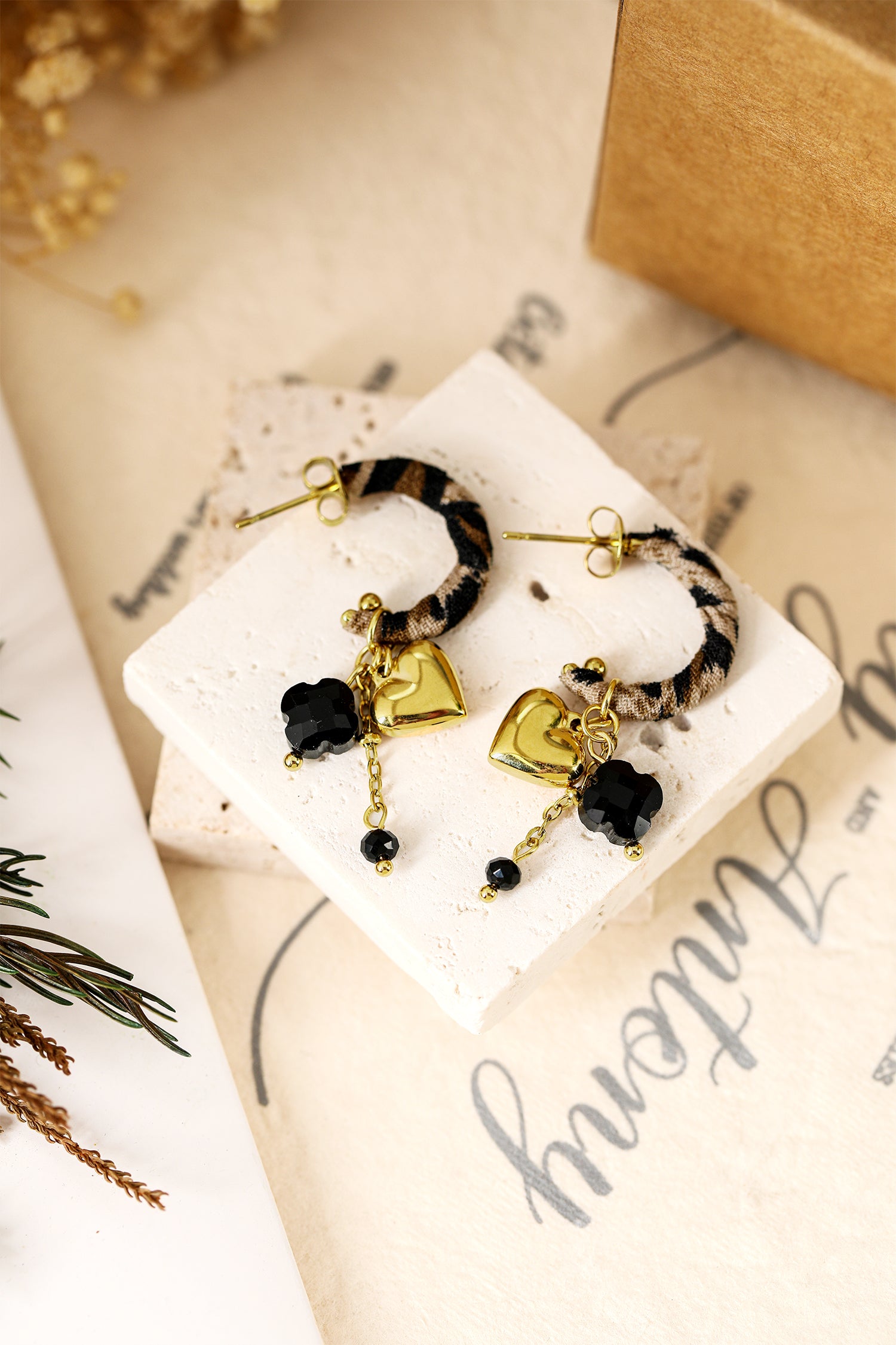 Gold Puffy Heart Leopard Wrapped Open Loop Earrings