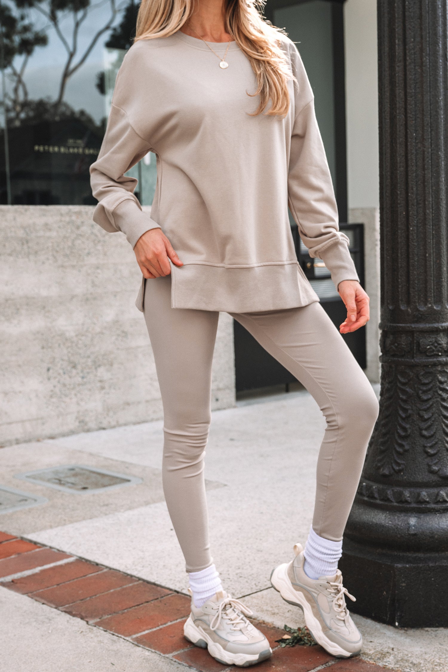 Jet Stream Solid Color Oversize Slit Sweatshirt Ribbed Leggings 2pcs Set