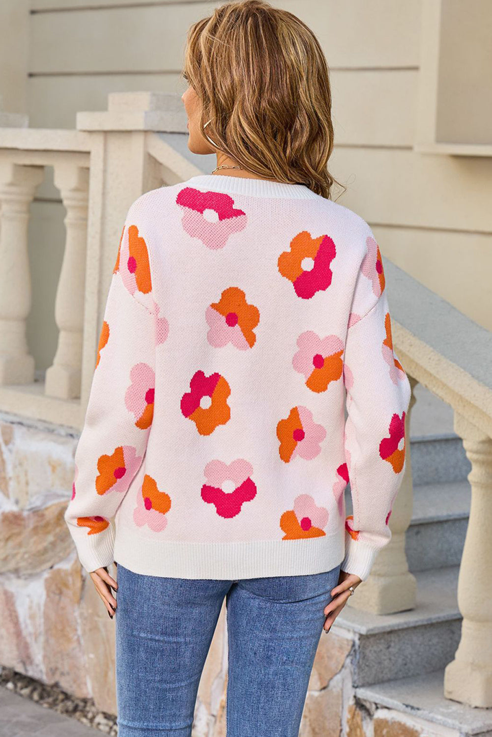 White Color Block Flower Cute Pattern Drop Shoulder Bulk Sweater