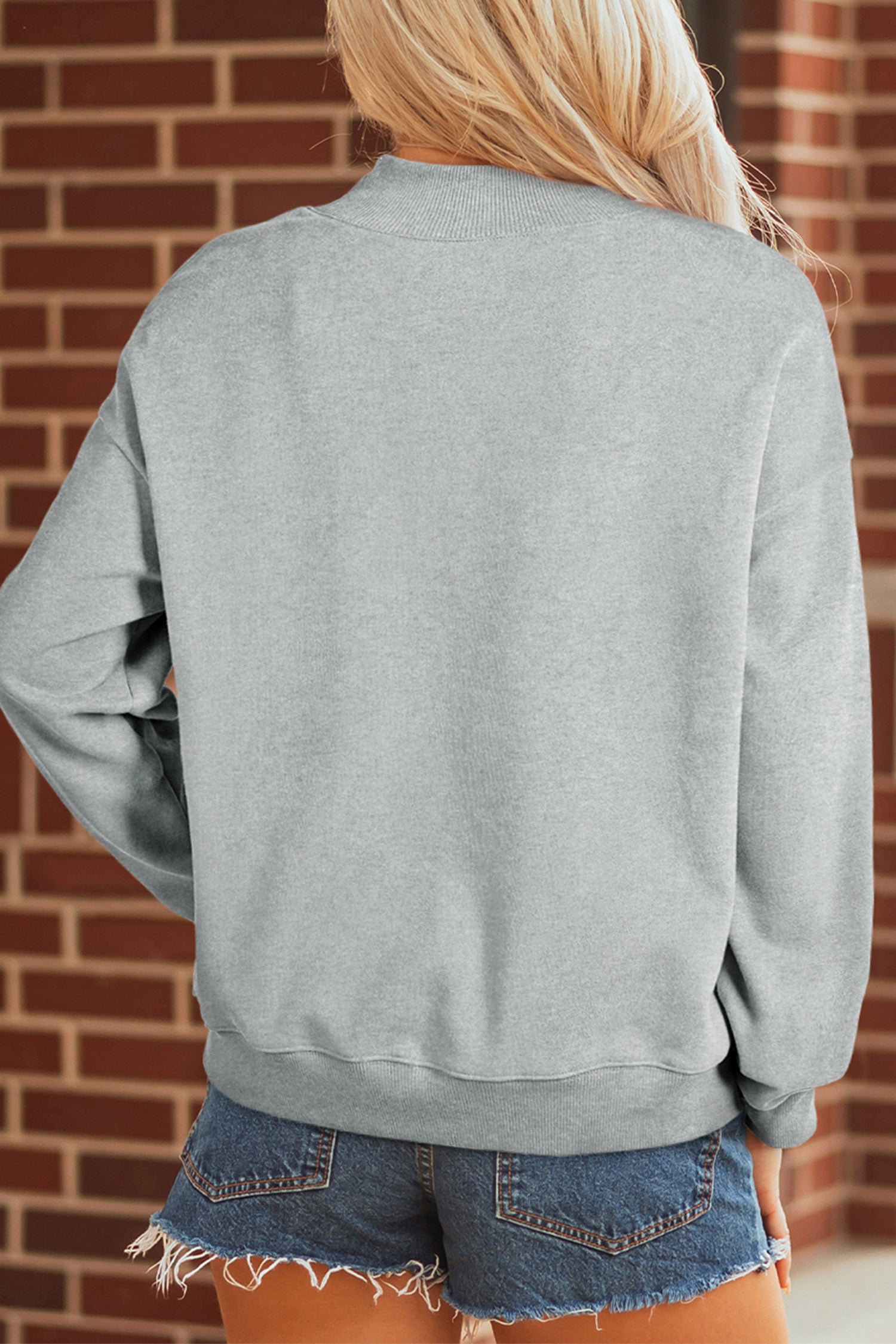 Gray Sequined Pumpkin Graphic Mock Neck Baggy Pullover Sweatshirt
