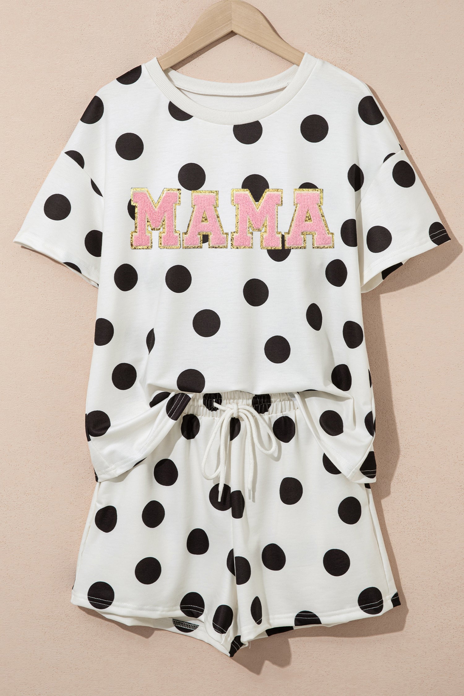 Casual Polka Dot Printed MAMA Chenille Lettering Short Set