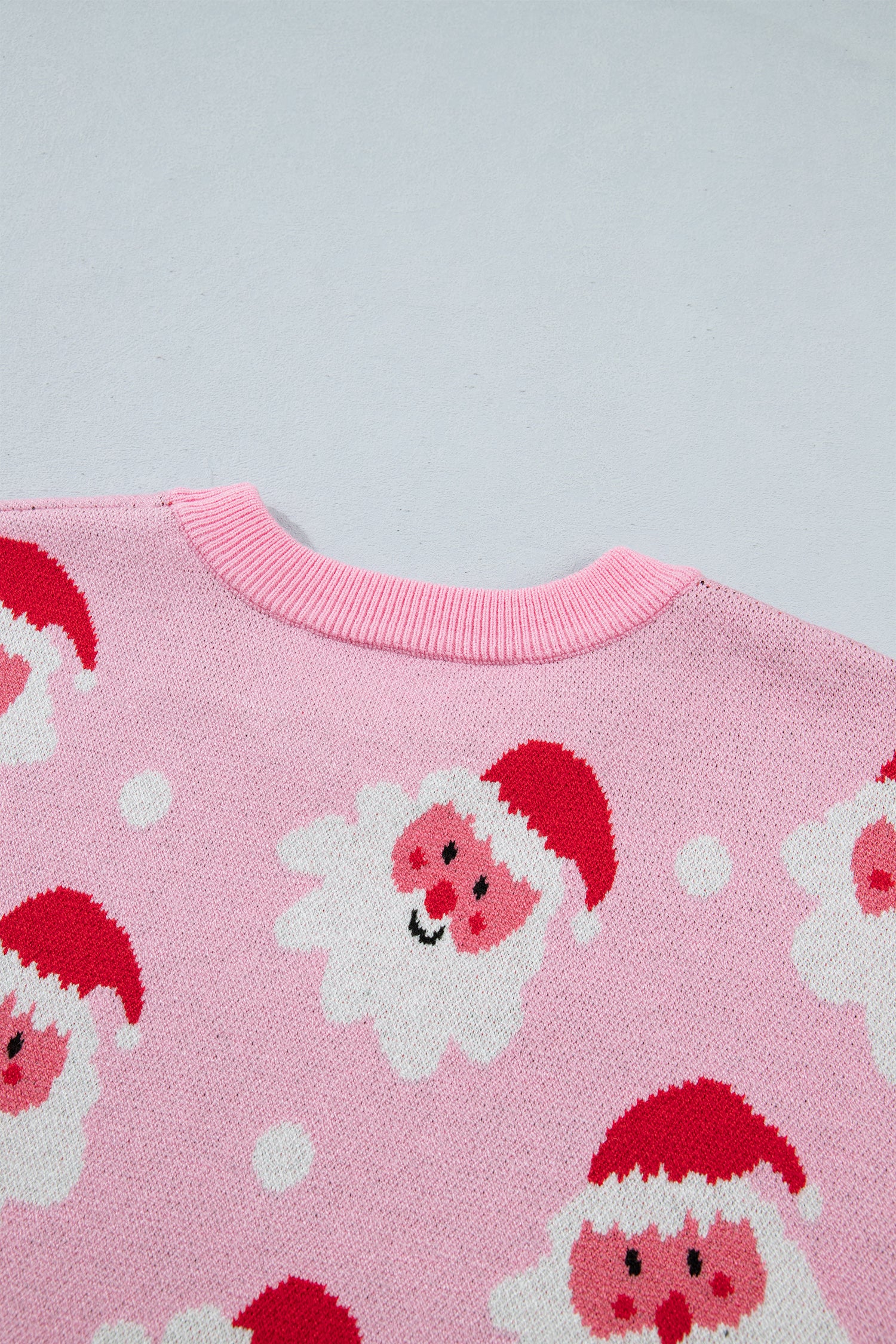 Pink Cartoon Santa Pattern Round Neck Dropped Shoulder Sweater