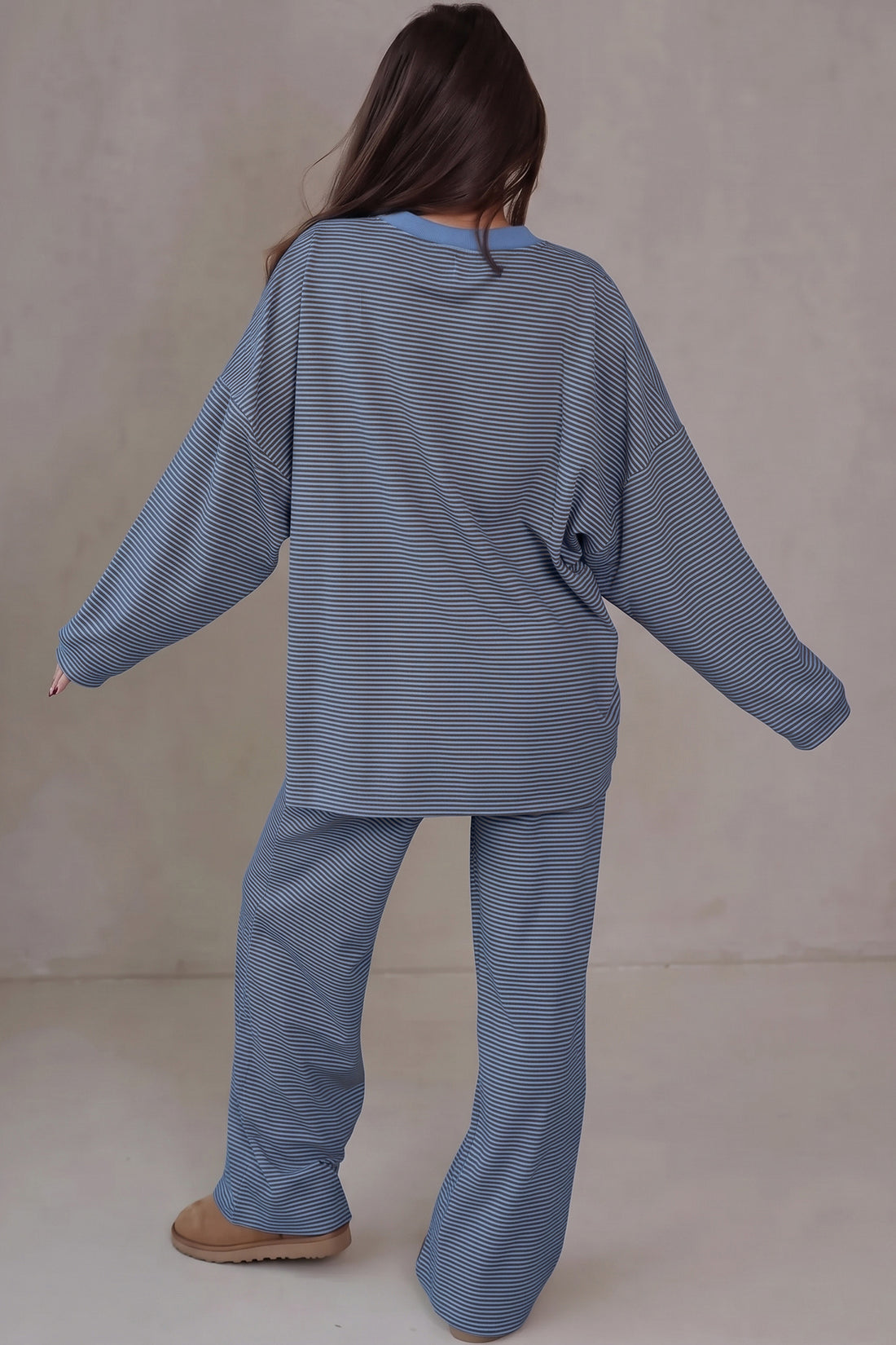 Blue Stripe Contrast Trim Round Neck Oversize Long Sleeve Top 2pcs Pant Set