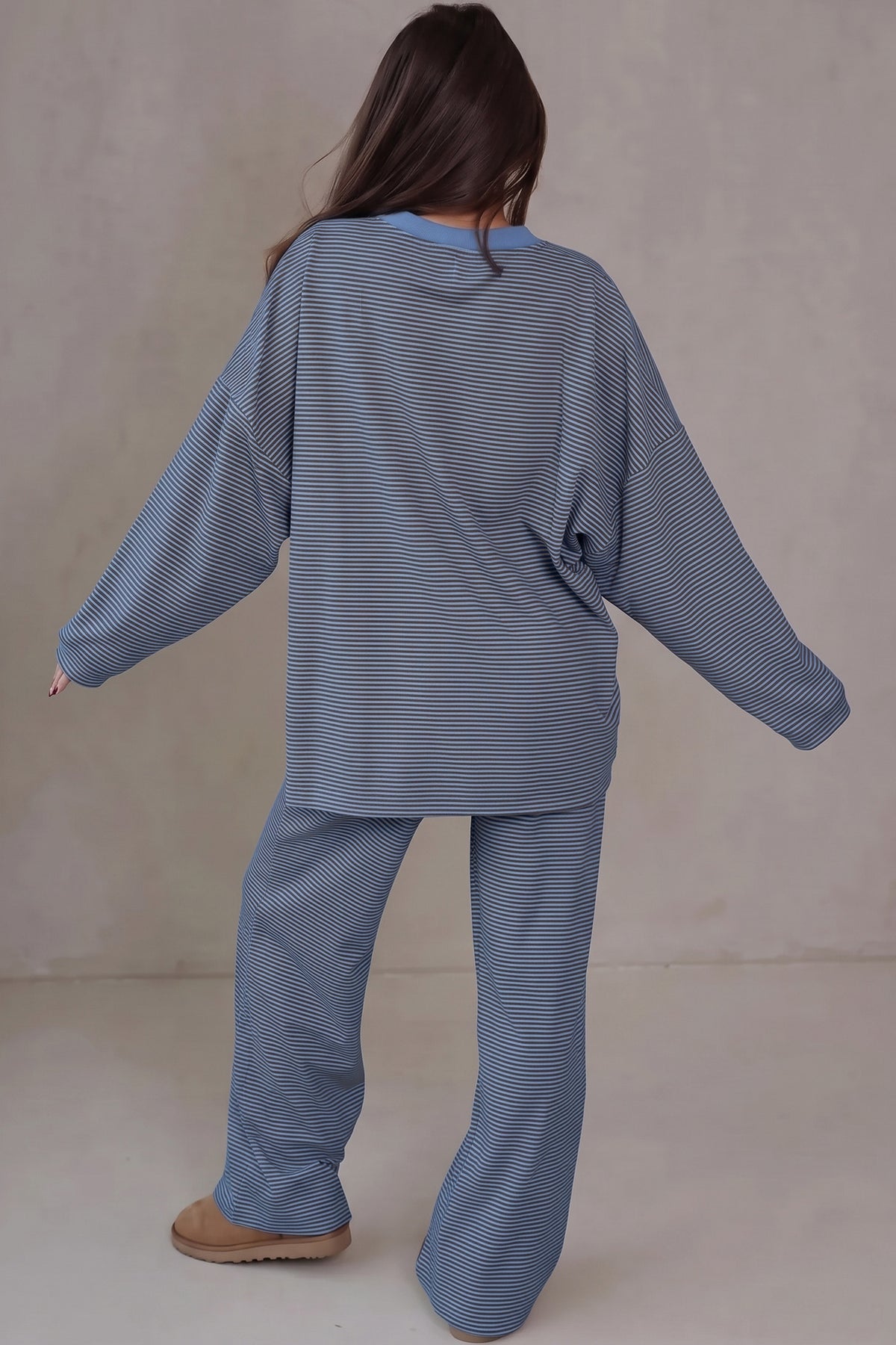 Blue Stripe Contrast Trim Round Neck Oversize Long Sleeve Top 2pcs Pant Set