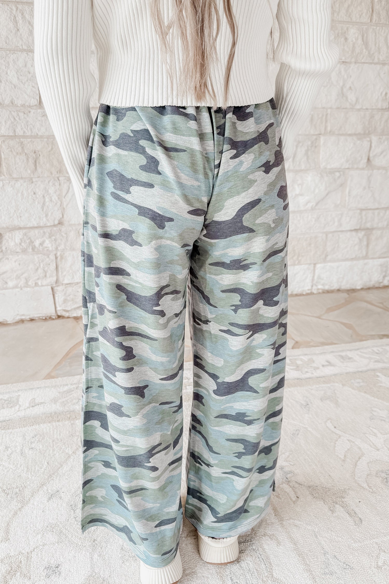 Green Camo Wide Leg Tie Elastic Waist Casual Pants