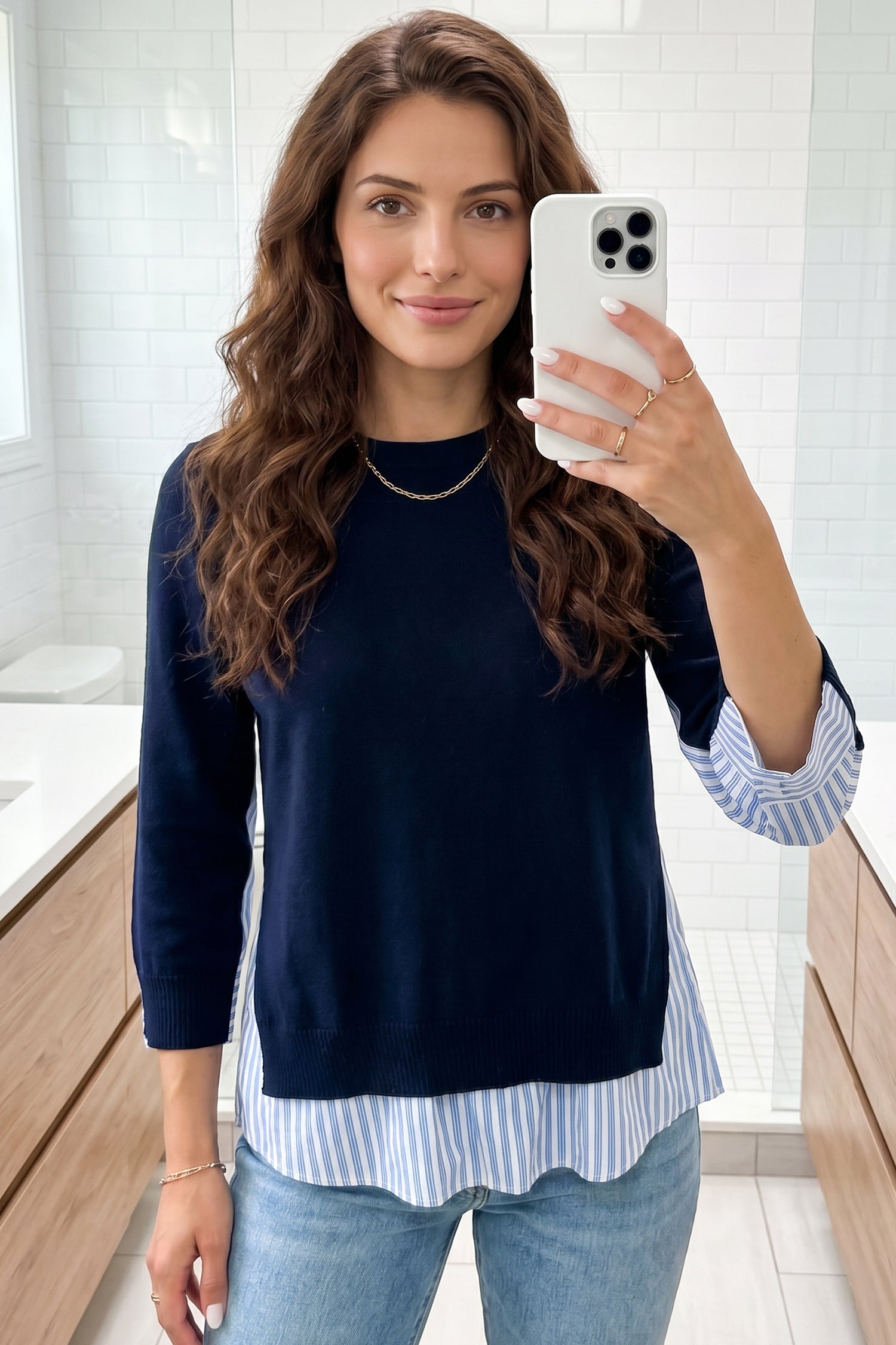 Navy Blue Drop Shoulder Long Sleeve Striped Pullover Sweater