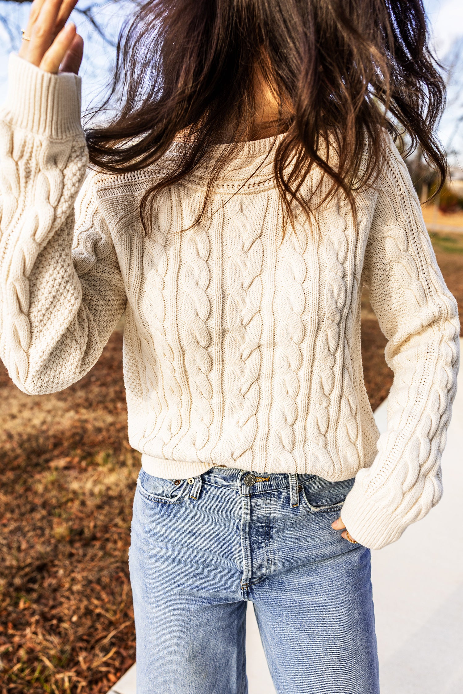 Beige Drop Shoulder Round Neck Cable Knit Sweater