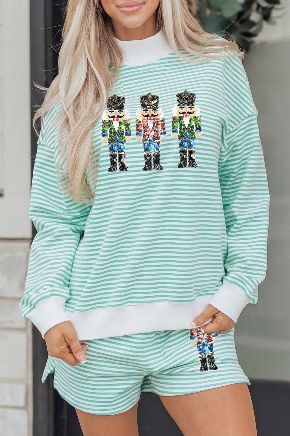 Green Stripe Sequin Nutcracker Graphic Long Sleeve Pullover and Shorts Set