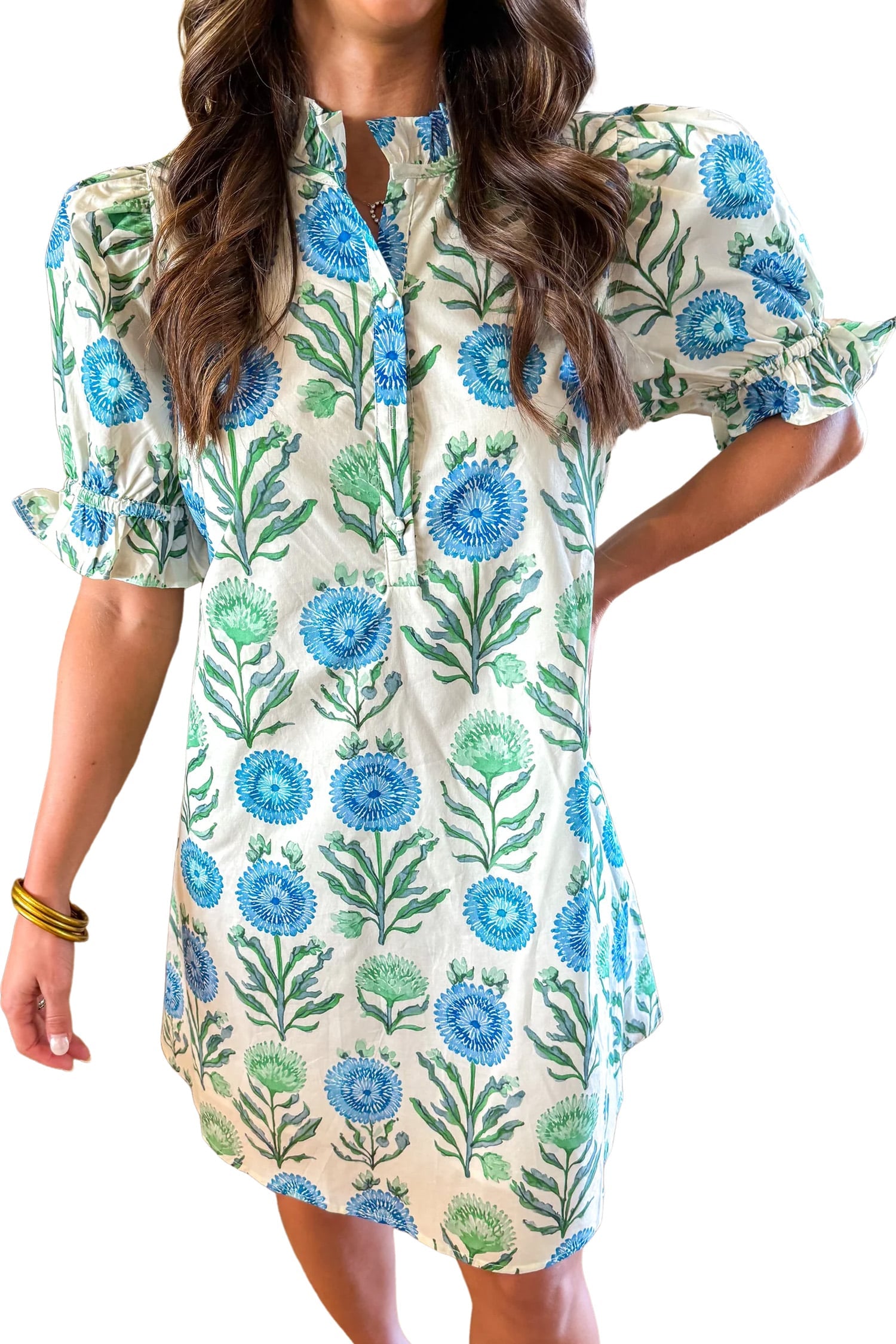 Sky Blue Floral Print Half Button Frilly Short Sleeve Dress