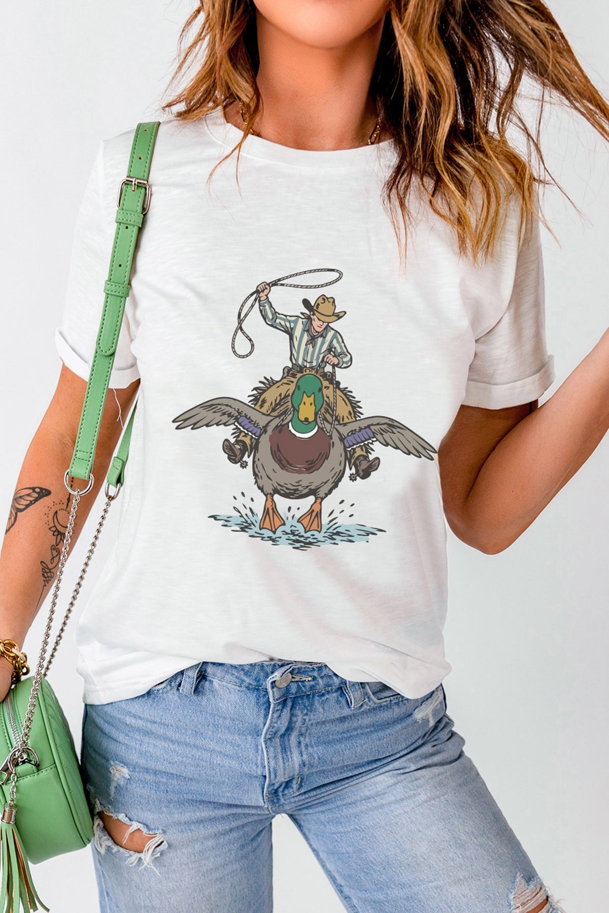 White Western Duck Print Casual Graphic Tee