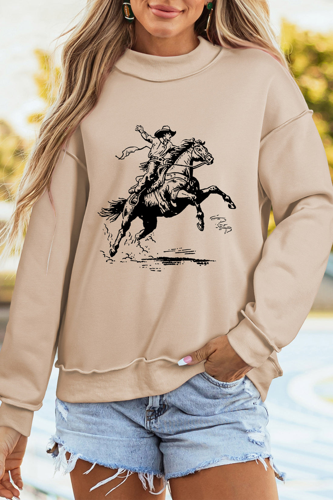Apricot Mock Neck Cowboy Rodeo Graphic Sweatshirt