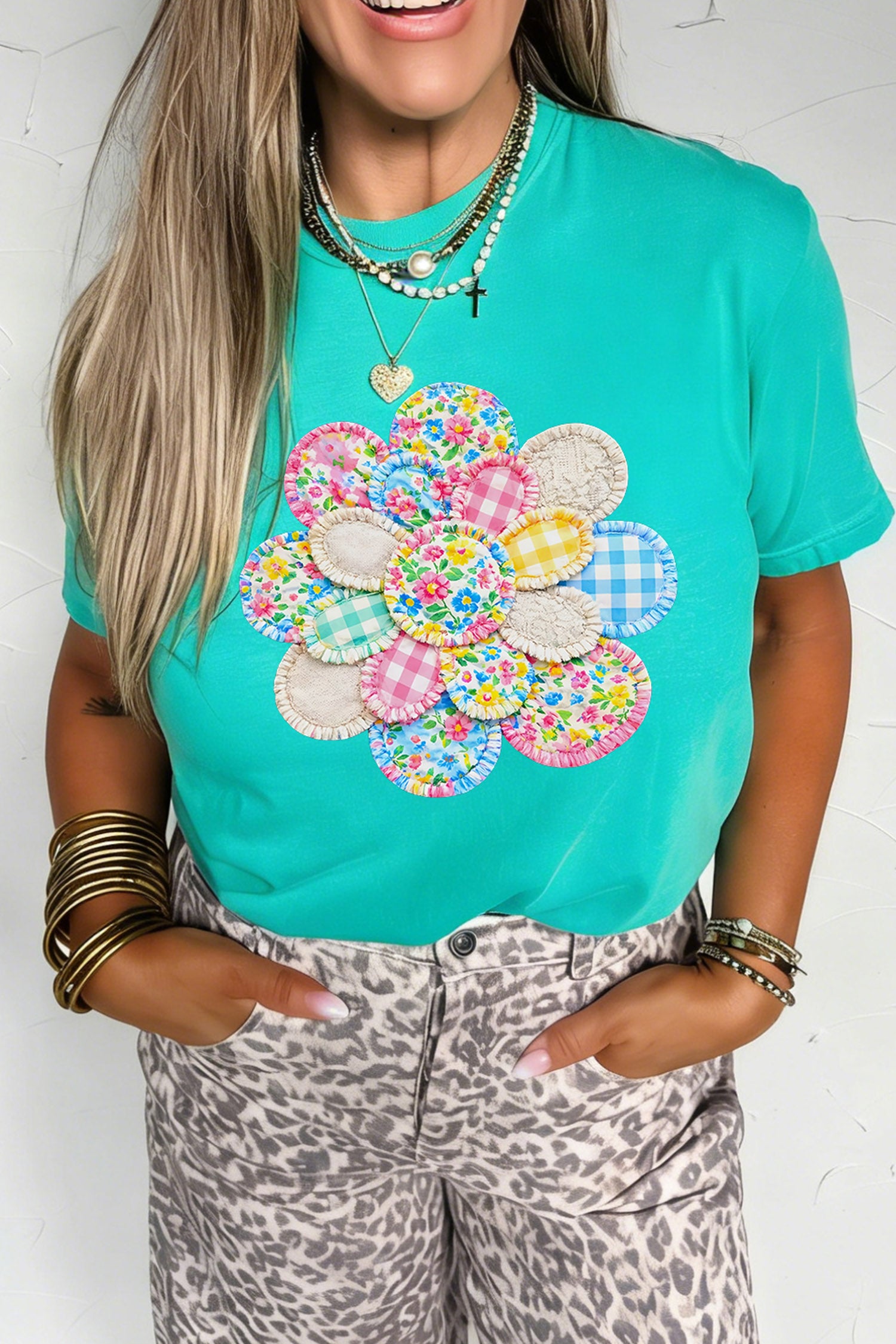 Mint Green Patchwork Flower Printed Casual T Shirt