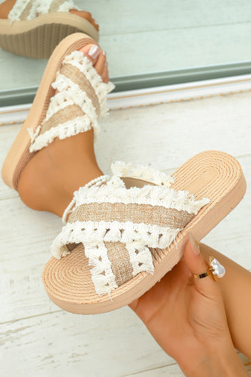 Khaki Boho Contrast Tassel Detail Crossed Band Flat Slippers