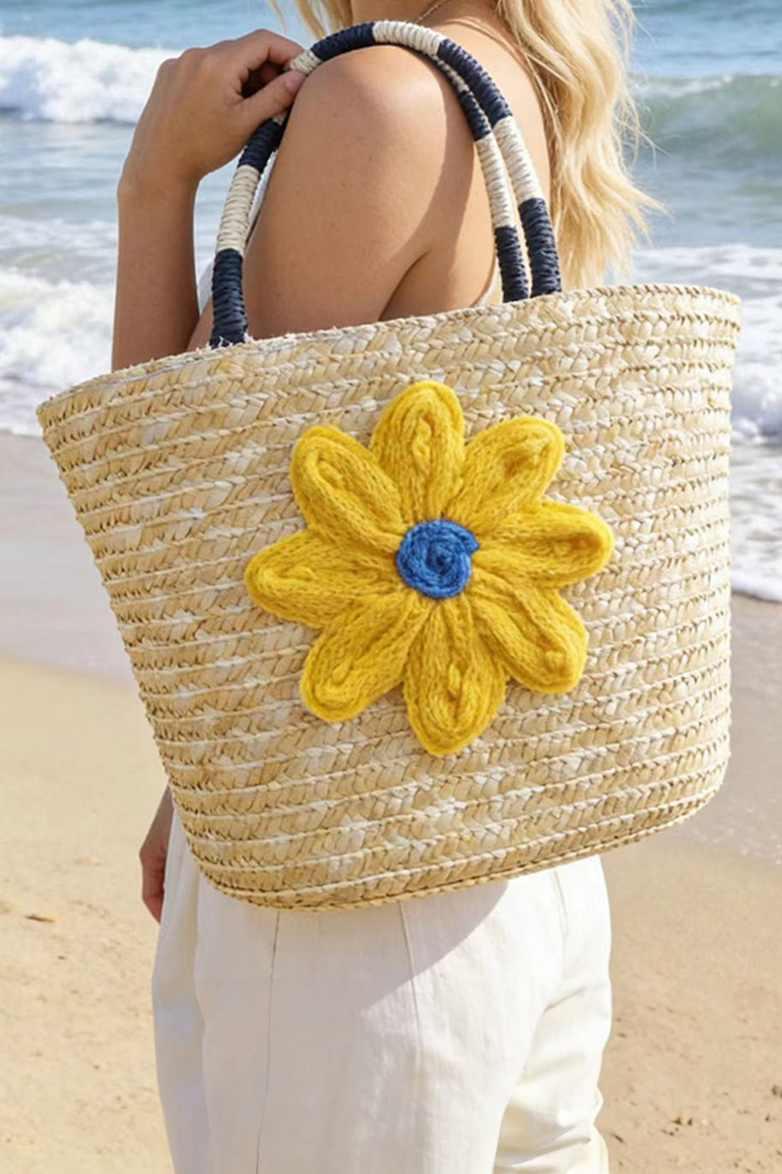 Yellow Crochet Flower Detail Boho Beach Straw Woven Handbag