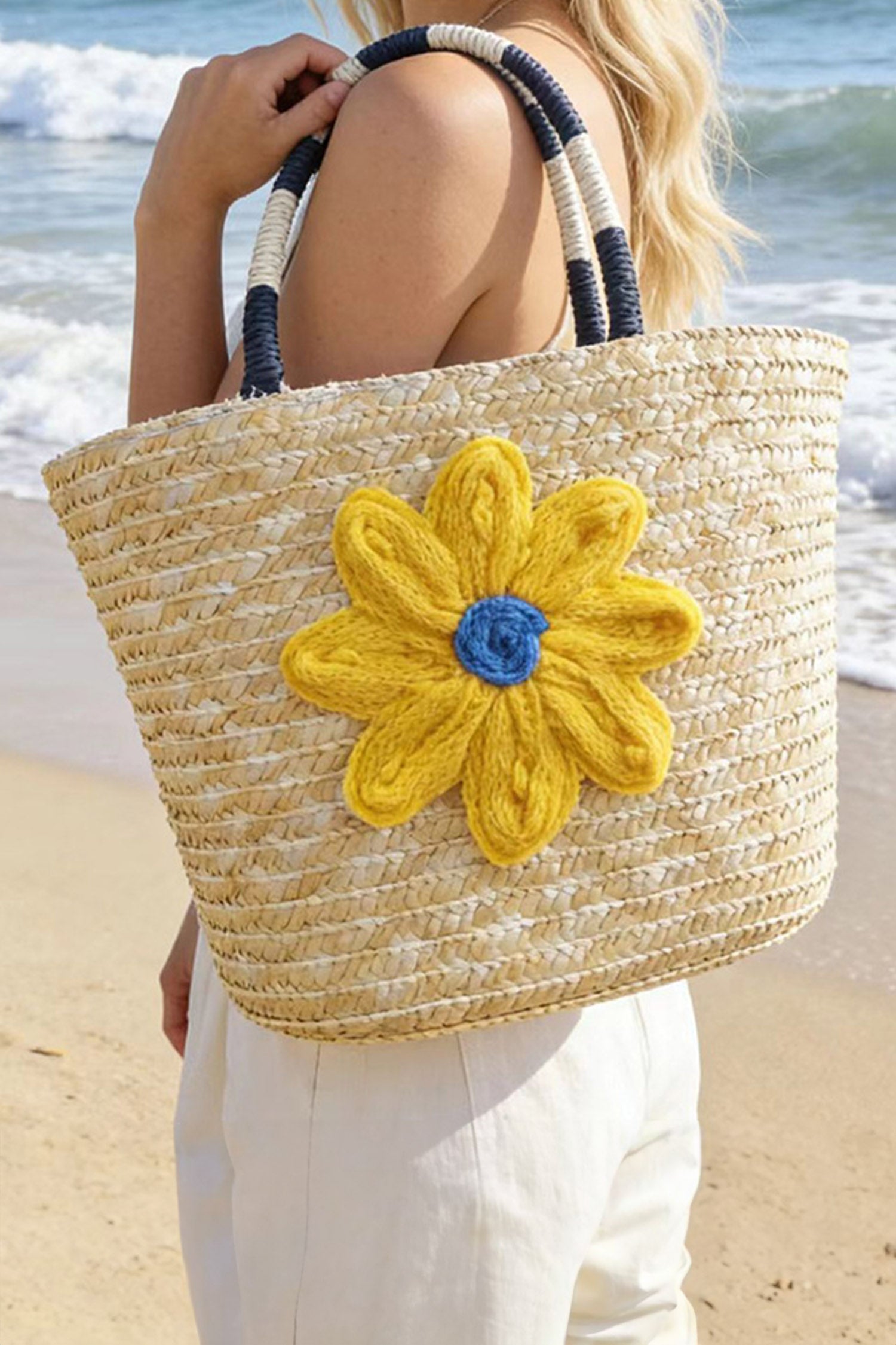 Yellow Crochet Flower Detail Boho Beach Straw Woven Handbag